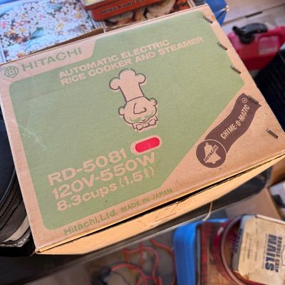 Sale Photo Thumbnail #235: Vintage Hitachi Automatic Electric Rice Cooker and Steamer model RD-5081, presented in its original cardboard box made in Japan.
