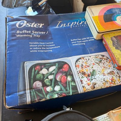 Sale Photo Thumbnail #236: Vintage Oster Inspire Collection buffet server and warming tray in its original box, showing light shelf wear.