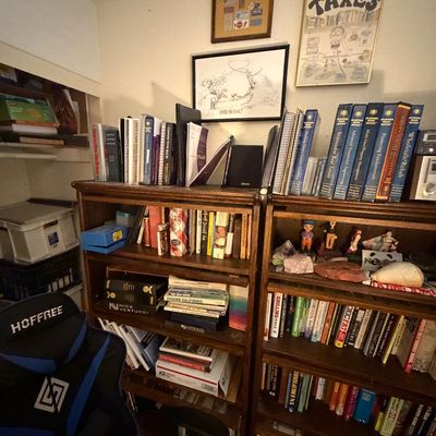 Sale Photo Thumbnail #114: Two dark wood bookcase units filled with books, small collectibles, and topped with framed wall art, positioned next to a black and blue Hoffree gaming chair.