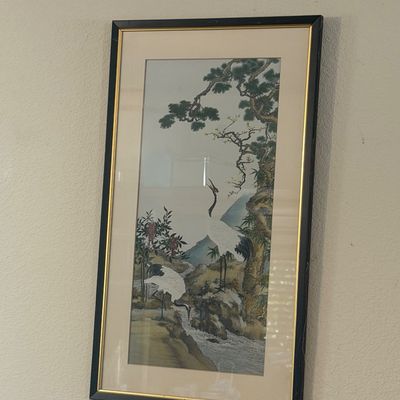 Sale Photo Thumbnail #40: Framed Asian silk embroidery featuring red-crowned cranes in a natural landscape, set in a black and gold trim frame.
