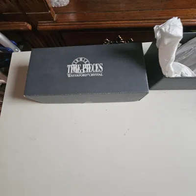 Sale Photo Thumbnail #26: Original dark grey presentation box for Waterford Crystal "Time Pieces", showing light edge wear.
