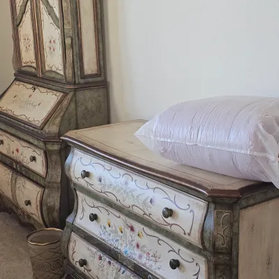 Sale Photo Thumbnail #64: Hand-painted Venetian-style bombé chest and matching secretary desk featuring distressed green finish with intricate floral motifs.