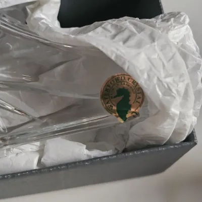 Sale Photo Thumbnail #28: Waterford Crystal piece packed in original tissue paper inside its box, featuring the gold seahorse brand sticker.