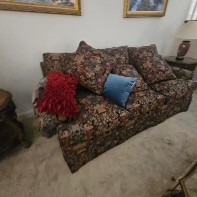 Sale Photo Thumbnail #14: Traditional sofa featuring dark floral tapestry upholstery, styled with a red shag throw pillow and a blue accent pillow.