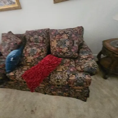 Sale Photo Thumbnail #102: Traditional sofa in a multi-colored floral tapestry upholstery, styled with blue and red throw pillows.