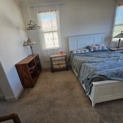 Sale Photo Thumbnail #67: Bedroom set featuring a white panel queen bed frame, an ornate hand-painted nightstand, a low wooden bookshelf, and stained glass lamps.