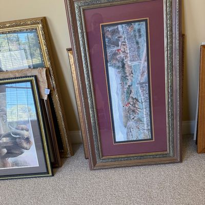 Sale Photo Thumbnail #181: Large framed equestrian fox hunt art print in an ornate metallic frame with burgundy double matting, shown alongside other framed artwork.
