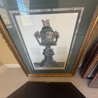 Sale Photo Thumbnail #175: Framed classical architectural urn print with marbled matting in an ornate ornate gold-tone frame.