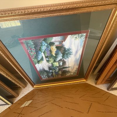 Sale Photo Thumbnail #172: Large custom-framed garden landscape print featuring double matting in maroon and green, housed in an ornate gilded frame.