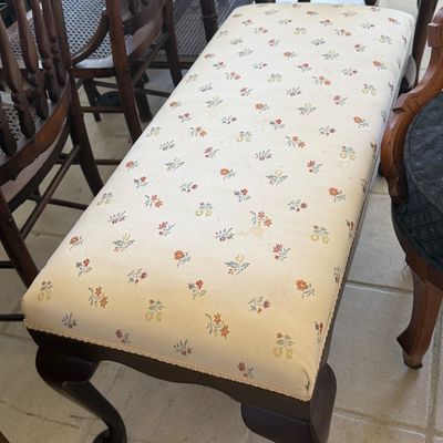 Sale Photo Thumbnail #61: Vintage Queen Anne style bench with a dark wood cabriole leg frame and floral pattern upholstered seat.