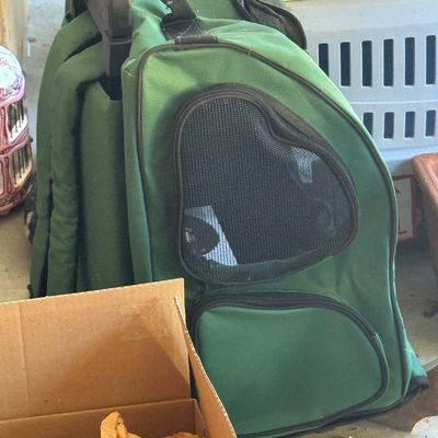 Sale Photo Thumbnail #96: Green fabric rolling pet carrier backpack featuring mesh ventilation windows and a retractable handle.
