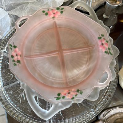 Sale Photo Thumbnail #81: Vintage frosted pink depression glass four-part relish dish featuring hand-painted floral accents and side handles.