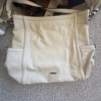 Sale Photo Thumbnail #185: Off-white leather Lauren Ralph Lauren shoulder bag with side slip pockets and silver-tone hardware.