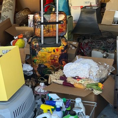 Sale Photo Thumbnail #14: A collection of household goods, including a matching travel motif rolling luggage set, various cleaning supplies, a pet carrier, and boxed items.