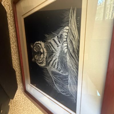 Sale Photo Thumbnail #195: Framed scratchboard illustration of a resting tiger, signed Cain, housed in a wooden frame with a cream mat.