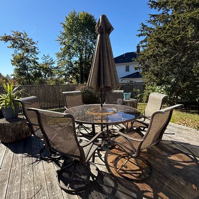 Sale Photo Thumbnail #22: PRESALE ITEM:  Patio set-round-smoke glass table top w/6 chairs and umbrella:  heavy  $150