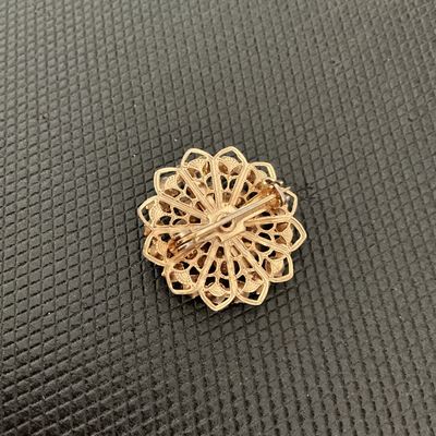 Sale Photo Thumbnail #164: A vintage round starburst or rosette-style brooch featuring tiered pink faceted rhinestones set in a gold-tone filigree metal frame. The back features an openwork lattice pattern and a standard rollover safety clasp pin mechanism. Appears to be in good vi