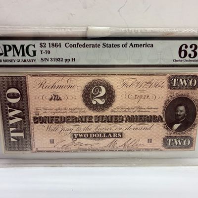 Sale Photo Thumbnail #43: PMG-graded Choice Uncirculated 63 EPQ 1864 Confederate States of America $2 banknote (T-70).