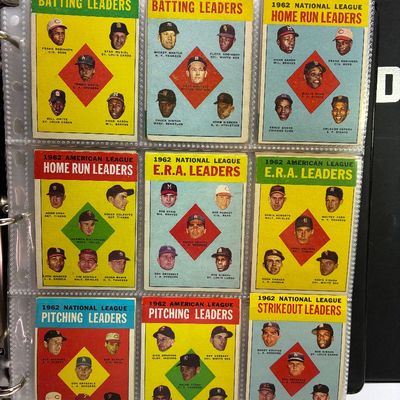 Sale Photo Thumbnail #46: Binder page filled with 1963 Topps Major League Baseball leader cards, featuring Hall of Famers like Mickey Mantle, Willie Mays, Hank Aaron, and Sandy Koufax.