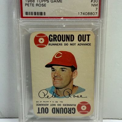 Sale Photo Thumbnail #88: PSA-graded 7 NM 1968 Topps Game Pete Rose baseball card #30 in protective hard case.