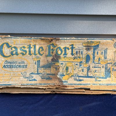 Sale Photo Thumbnail #15: Vintage Louis Marx & Co. Prince Valiant Castle Fort playset in its heavily worn original cardboard box, circa 1950s.