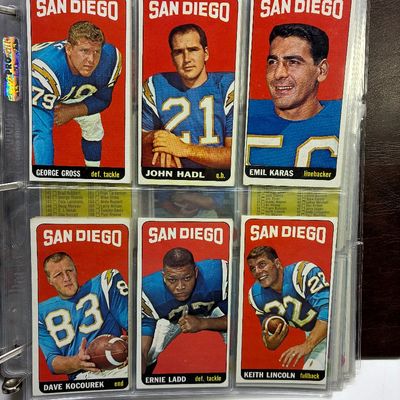 Sale Photo Thumbnail #97: Collection of vintage 1965 Topps San Diego Chargers football trading cards stored in a binder sleeve, featuring players such as John Hadl, Ernie Ladd, and Keith Lincoln.