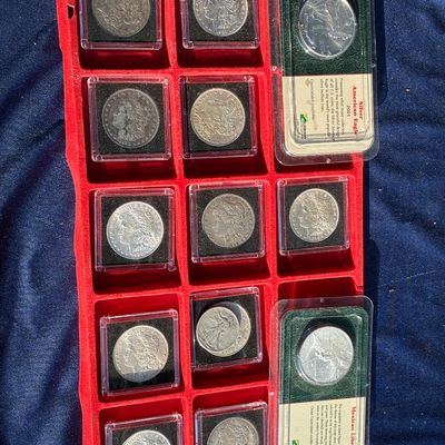 Sale Photo Thumbnail #29: Collection of US and international silver coins displayed in protective cases on a red velvet tray, including Morgan silver dollars and a 2001 American Silver Eagle.