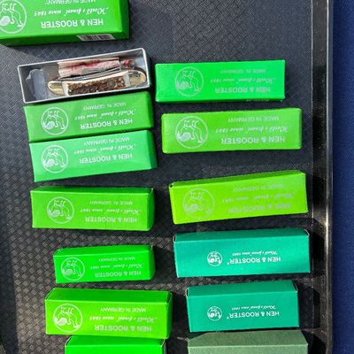 Sale Photo Thumbnail #10: Collection of Hen & Rooster pocket knives in original green brand boxes made in Solingen, Germany.