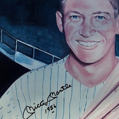 Sale Photo Thumbnail #2: Original portrait painting of New York Yankees legend Mickey Mantle holding baseball bats, featuring a facsimile signature and dated 1956.