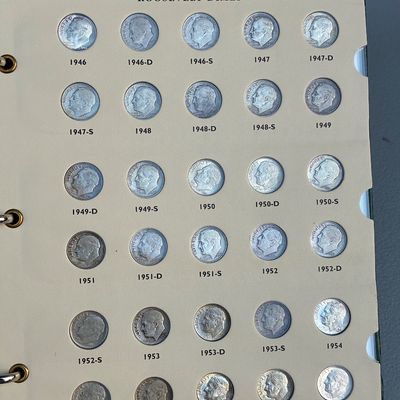 Sale Photo Thumbnail #76: A vintage Roosevelt Dimes coin album page filled with silver dimes dating from 1946 to 1955-S.