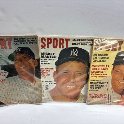Sale Photo Thumbnail #93: Trio of vintage Sport magazines featuring Mickey Mantle on the covers, each individually protected in plastic sleeves.