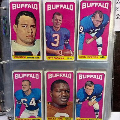 Sale Photo Thumbnail #95: Collection of 1965 Topps vintage Buffalo Bills football trading cards stored in a plastic binder sleeve page.