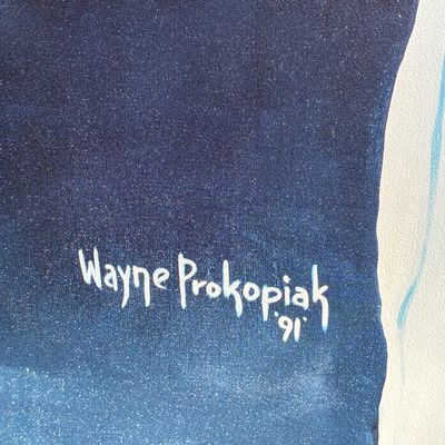 Sale Photo Thumbnail #4: Artist signature reading Wayne Prokopiak '91 on a dark blue background of an artwork.