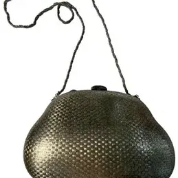 Vintage dark metallic beaded frame purse with a long braided shoulder strap.
