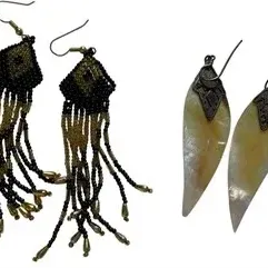 Two pairs of vintage drop earrings, including black and gold seed bead fringe earrings and mother-of-pearl leaf-shaped dangles with metal...
