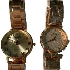 Two modern rose gold-tone quartz wristwatches with metallic link bracelets, one still wrapped in protective plastic.