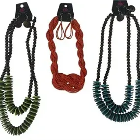 Set of three Paparazzi beaded statement necklaces with matching earrings in olive green, terracotta orange, and teal.