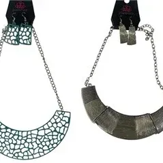 Two Paparazzi brand fashion jewelry sets, each including a statement collar necklace with matching dangle earrings in green lattice and...