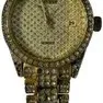 Vintage gold-tone Guess quartz wrist watch with rhinestone-encrusted bezel, link bracelet, and a patterned dial with date display.