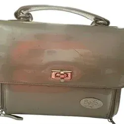Beijo patent leather top-handle handbag in taupe, featuring a flap front closure with a turn-lock clasp.