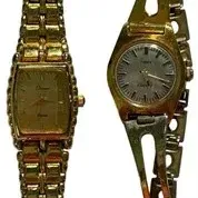 Pair of vintage women's gold-tone wristwatches, featuring a rectangular face watch with a link bracelet and a Timex Quartz watch...