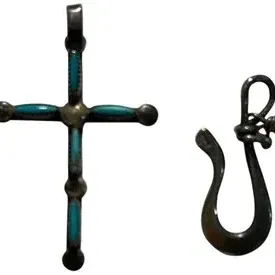 Native American style sterling silver and turquoise needlepoint cross pendant paired with an artisan silver hook clasp.