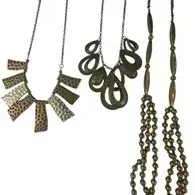 Trio of modern fashion necklaces by Paparazzi, including hammered metallic fan, teardrop cutout, and long beaded designs on original...
