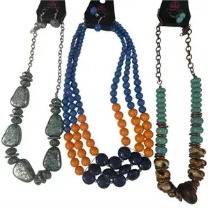 Trio of Paparazzi costume necklaces with matching earrings, featuring metallic silver textured stones, multi-strand orange and blue...