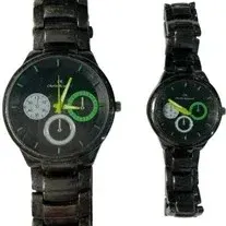 Pair of matching men's and women's Charles Raymond black stainless steel wristwatches featuring chronograph-style dials with...