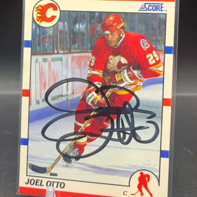Sale Photo Thumbnail #68: 1990 Score Joel Otto #128 Calgary Flames Hockey Card Black Ink Signature
