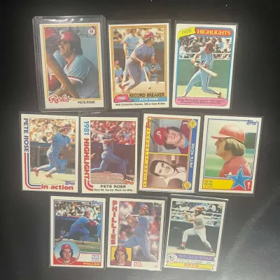 Sale Photo Thumbnail #111: Pete Rose 10 Card Vintage Baseball Lot Topps 1970s 1980s Reds Phillies All Star