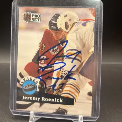 Sale Photo Thumbnail #69: 1991-92 Pro Set Jeremy Roenick #605 Chicago Blackhawks Hockey Card Blue Ink Autograph
