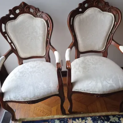 Sale Photo Thumbnail #31: Pair of vintage Victorian Revival carved mahogany armchairs with cream damask upholstery.