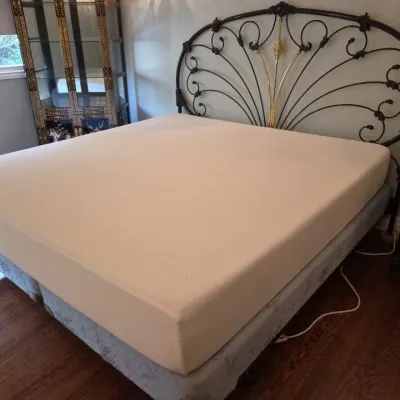 Sale Photo Thumbnail #37: Wrought iron king size bed frame featuring ornate scrollwork and brass accents, paired with a Tuft & Needle foam mattress.